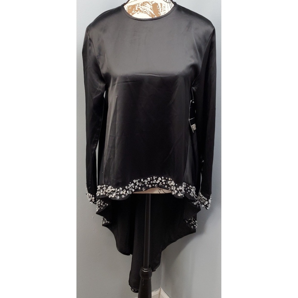 Ava Lea Crystal Edge Drape Dress Womens XS Black Satin High Low Formal Back Zip